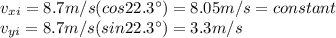 v_{xi}=8.7m/s(cos 22.3\°)=8.05m/s= constant\\v_{yi}=8.7m/s(sin 22.3\°)=3.3m/s