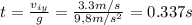 t=\frac{v_{iy}}{g} =\frac{3.3m/s}{9,8m/s^{2}} =0.337s