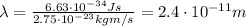 \lambda=\frac{6.63\cdot 10^{-34}Js}{2.75\cdot 10^{-23} kg m/s}=2.4\cdot 10^{-11} m