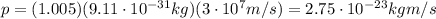 p=(1.005)(9.11\cdot 10^{-31}kg)(3\cdot 10^7 m/s)=2.75\cdot 10^{-23}kg m/s