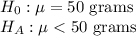 H_{0}: \mu = 50\text{ grams}\\H_A: \mu < 50\text{ grams}