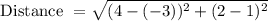 \text { Distance } = \sqrt{(4-(-3))^{2} + (2-1)^{2}}