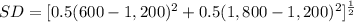 SD=[0.5(600-1,200)^{2}+0.5(1,800-1,200)^{2}] ^{\frac{1}{2} }