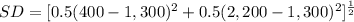SD=[0.5(400-1,300)^{2}+0.5(2,200-1,300)^{2}] ^{\frac{1}{2} }