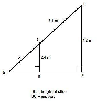 Awaterslide is 4.2 m high and has a support 2.4 m tall. if a student reaches this support when she i
