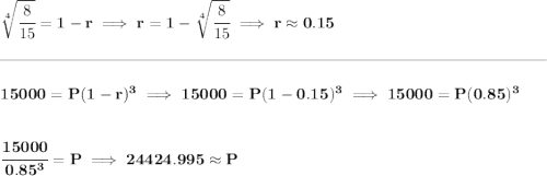 \bf \sqrt[4]{\cfrac{8}{15}}=1-r\implies r=1-\sqrt[4]{\cfrac{8}{15}}\implies r\approx 0.15 \\\\[-0.35em] \rule{34em}{0.25pt}\\\\ 15000=P(1-r)^3\implies 15000=P(1-0.15)^3\implies 15000=P(0.85)^3 \\\\\\ \cfrac{15000}{0.85^3}=P\implies 24424.995\approx P