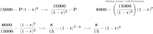 \bf 15000=P(1-r)^3\implies \cfrac{15000}{(1-r)^3}=P\qquad \qquad \stackrel{\textit{doing some substitution}}{8000=\left( \cfrac{15000}{(1-r)^3} \right)(1-r)^7} \\\\\\ \cfrac{8000}{15000}=\cfrac{(1-r)^7}{(1-r)^3}\implies \cfrac{8}{15}=(1-r)^{7-3}\implies \cfrac{8}{15}=(1-r)^{4}