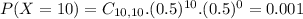 P(X = 10) = C_{10,10}.(0.5)^{10}.(0.5)^{0} = 0.001