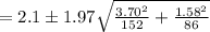 = 2.1 \pm 1.97 \sqrt{\frac{3.70^2}{152}+ \frac{1.58^2}{86}}