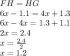 FH=HG\\6x-1.1=4x+1.3\\6x-4x=1.3+1.1\\2x=2.4\\x=\frac{2.4}{2}\\x=1.2