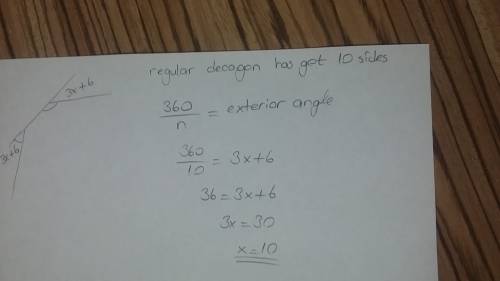 Each exterior angle of a regular decagon has a measure of (3x + 6)°. what is the value of x? x = 8x
