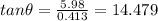 tan\theta =\frac{5.98}{0.413}=14.479