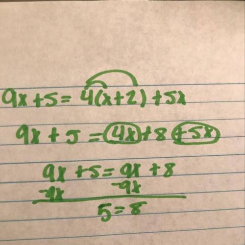 9x + 5 = 4(x + 2) + 5x solve for x   you
