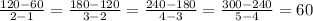 \frac{120-60}{2-1}=\frac{180-120}{3-2}=\frac{240-180}{4-3}=\frac{300-240}{5-4}=60