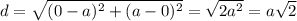 d = \sqrt{(0-a)^2+(a-0)^2} = \sqrt{2a^2}=a\sqrt{2}