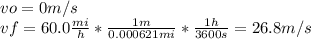 vo=0m/s\\vf=60.0\frac{mi}{h}*\frac{1m}{0.000621mi}*\frac{1h}{3600s}=26.8m/s