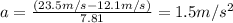 a=\frac{(23.5m/s-12.1m/s)}{7.81}=1.5m/s^2