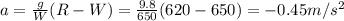 a=\frac{g}{W}(R-W)=\frac{9.8}{650}(620-650)=-0.45 m/s^2