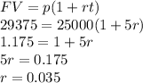 FV=p(1+rt)\\29375=25000(1+5r)\\1.175=1+5r\\5r=0.175\\r=0.035