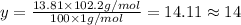 y=\frac{13.81\times 102.2 g/mol}{100\times 1 g/mol}=14.11\approx 14