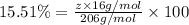 15.51\%=\frac{z\times 16 g/mol}{206 g/mol}\times 100