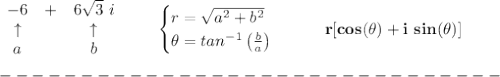 \bf \begin{array}{clclll}&#10;-6&+&6\sqrt{3}\ i\\&#10;\uparrow &&\uparrow \\&#10;a&&b&#10;\end{array}\qquad &#10;\begin{cases}&#10;r=\sqrt{a^2+b^2}\\&#10;\theta =tan^{-1}\left( \frac{b}{a} \right)&#10;\end{cases}\qquad r[cos(\theta )+i\ sin(\theta )]\\\\&#10;-------------------------------\\\\