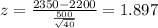 z=\frac{2350-2200}{\frac{500}{\sqrt{40} } } =1.897