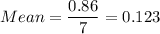 Mean =\displaystyle\frac{0.86}{7} = 0.123
