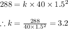288=k\times 40\times 1.5^2\\\\\therefore k=\frac{288}{40\times 1.5^{2}}=3.2