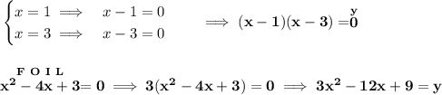 \bf \begin{cases} x = 1\implies &x - 1 = 0\\ x = 3\implies &x - 3=0 \end{cases}\qquad \implies (x-1)(x-3) = \stackrel{y}{0} \\\\\\ \stackrel{F~O~I~L}{x^2-4x+3}=0\implies 3(x^2-4x+3)=0\implies 3x^2-12x+9=y