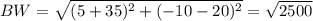BW= \sqrt{(5+35)^2 +(-10-20)^2} =\sqrt{2500}