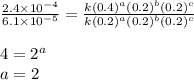 \frac{2.4\times 10^{-4}}{6.1\times 10^{-5}}=\frac{k(0.4)^a(0.2)^b(0.2)^c}{k(0.2)^a(0.2)^b(0.2)^c}\\\\4=2^a\\a=2