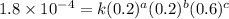1.8\times 10^{-4}=k(0.2)^a(0.2)^b(0.6)^c