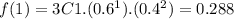 f(1)=3C1.(0.6^{1}).(0.4^{2})=0.288