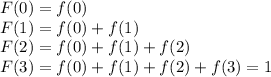 F(0)=f(0)\\F(1)=f(0)+f(1)\\F(2)=f(0)+f(1)+f(2)\\F(3)=f(0)+f(1)+f(2)+f(3)=1