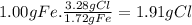 1.00gFe.\frac{3.28gCl}{1.72gFe} =1.91gCl