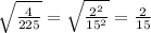 \sqrt{ \frac{4}{225} }= \sqrt{ \frac{ 2^{2}}{ 15^{2} } }= \frac{2}{15}