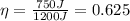 \eta = \frac{750 J}{1200 J}=0.625