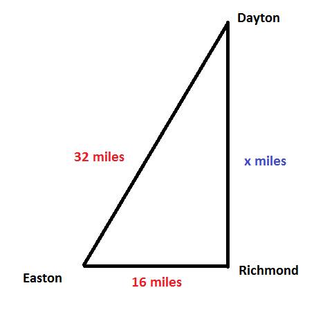 Dayton is due north of richmond, and easton is 16 mi due east of richmond. dayton is 32 mi from east