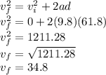 v_f^2 = v_i^2 + 2ad\\v_f^2=0+2(9.8)(61.8)\\v_f^2=1211.28\\v_f=\sqrt{1211.28}\\v_f=34.8