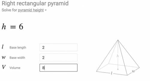 Find the height of a square pyramid that has a volume of 8 cubic feet and a base length of 2 feet. 6