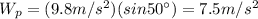 W_p = (9.8 m/s^2)(sin 50^{\circ})=7.5 m/s^2