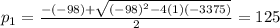 p_1= \frac{-(-98)+ \sqrt{(-98)^2-4(1)(-3375)} }{2} =125