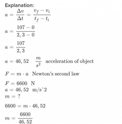 What is the mass of an object that needs a force of 6 600 n to increase its speed from rest to 107 m