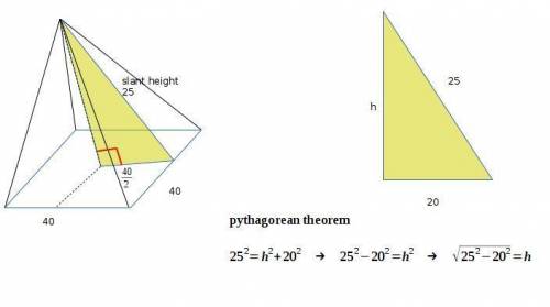 What is the volume of a square pyramid with base edges of 40 cm and a slant height of 25 cm