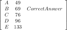 \left[\begin{array}{ccc}A&49\\B&69&CorrectAnswer\\C&76\\D&96\\E&133\end{array}\right]
