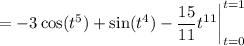 =-3\cos(t^5)+\sin(t^4)-\dfrac{15}{11}t^{11}\bigg|_{t=0}^{t=1}
