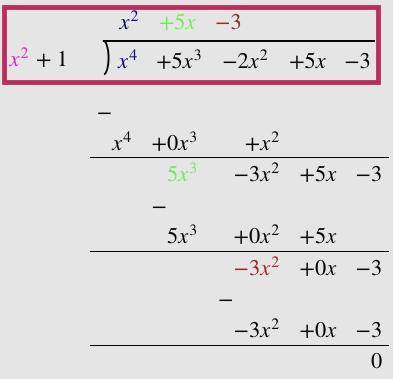 Divide f(x) by d(x), and write a summary statement in the form indicated. f(x) = x4 + 5x3 - 2x2 + 5x