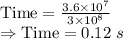 \text{Time}=\frac{3.6\times 10^7}{3\times 10^8}\\\Rightarrow \text{Time}=0.12\ s