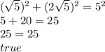 (\sqrt{5})^2 + (2\sqrt{5})^2=5^2 \\&#10;5+20=25 \\&#10;25=25 \\&#10;true